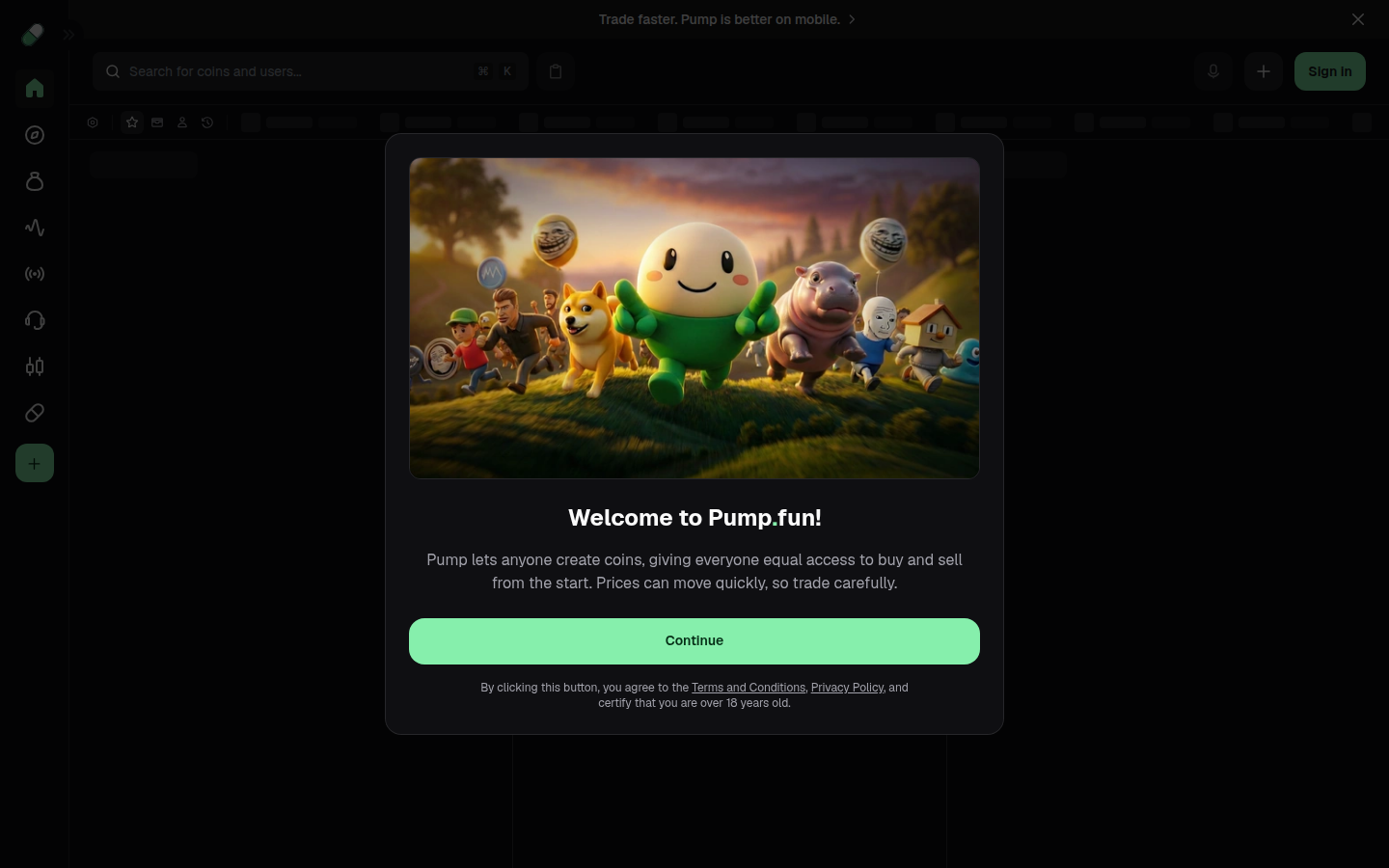 pump.fun homepage — memecoin launchpad