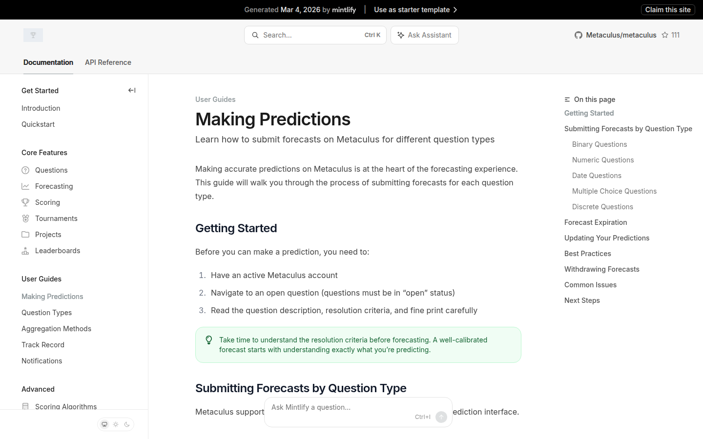 Metaculus documentation — Making Predictions