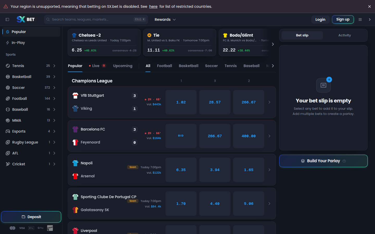 SX Bet sports board (help URL)